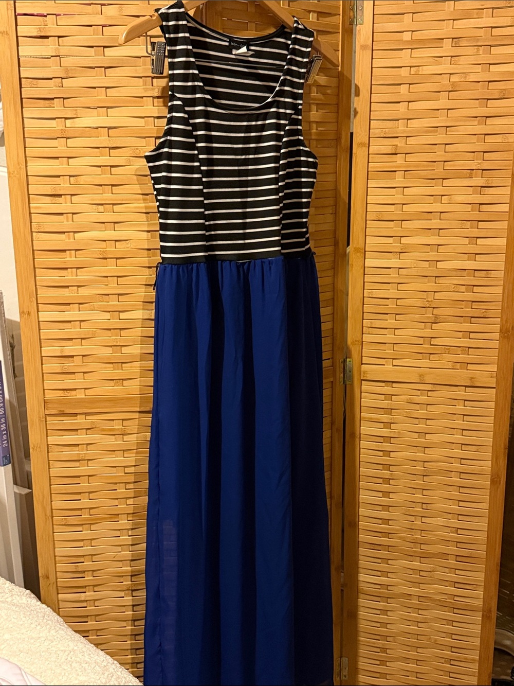 Sleeveless Black & White Striped Bodice with Royal Blue Maxi Skirt Dress